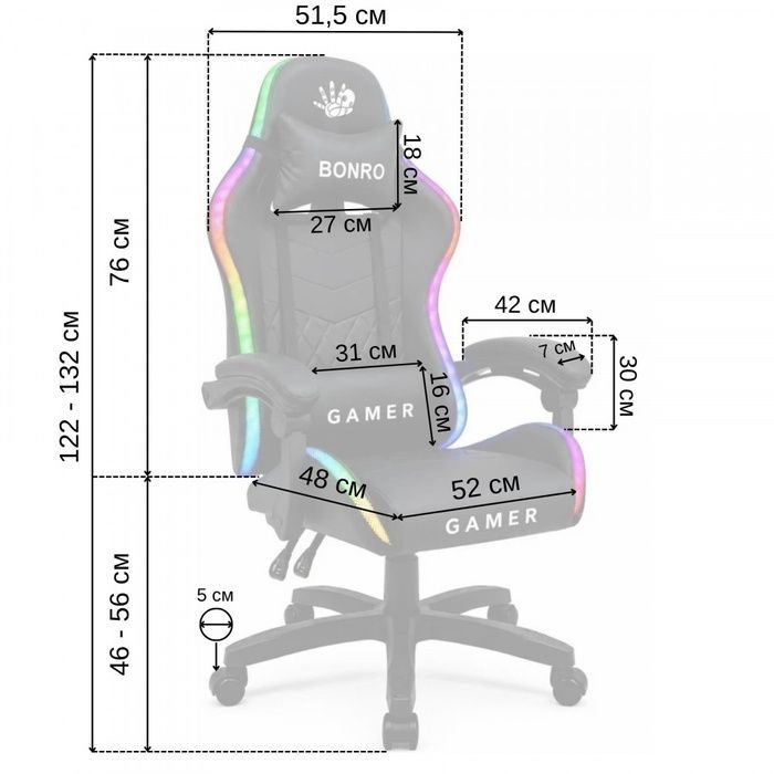 Комп'ютерне крісло Bonro Gamer з LED підсвіткою чорного кольору (B-149) (42401219)